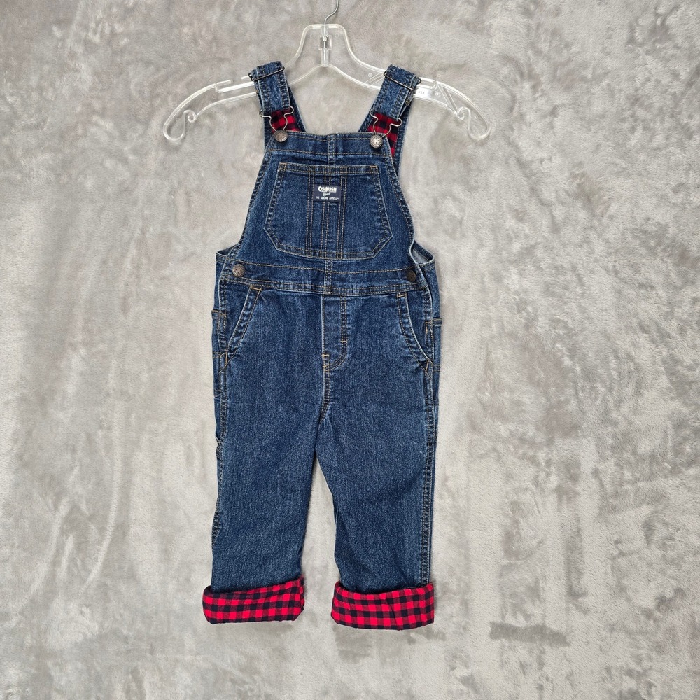 OshKosh B'gosh Overalls Toddler 3T Blue Denim Red Buffalo Plaid Lined Farm
